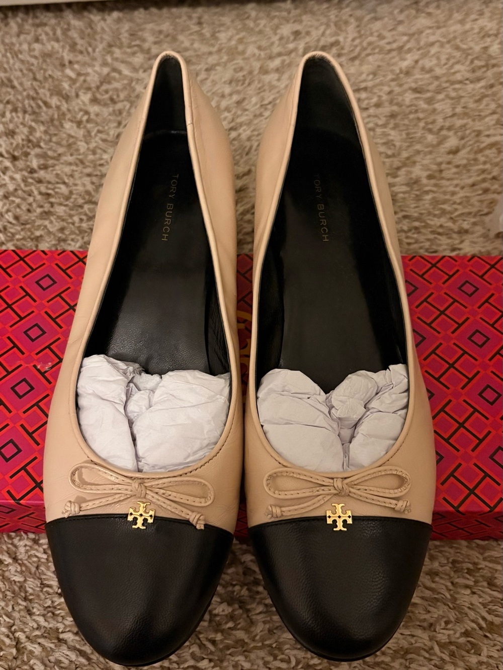 Tory Burch Two-Tone Beige and Black Block Heel Pumps